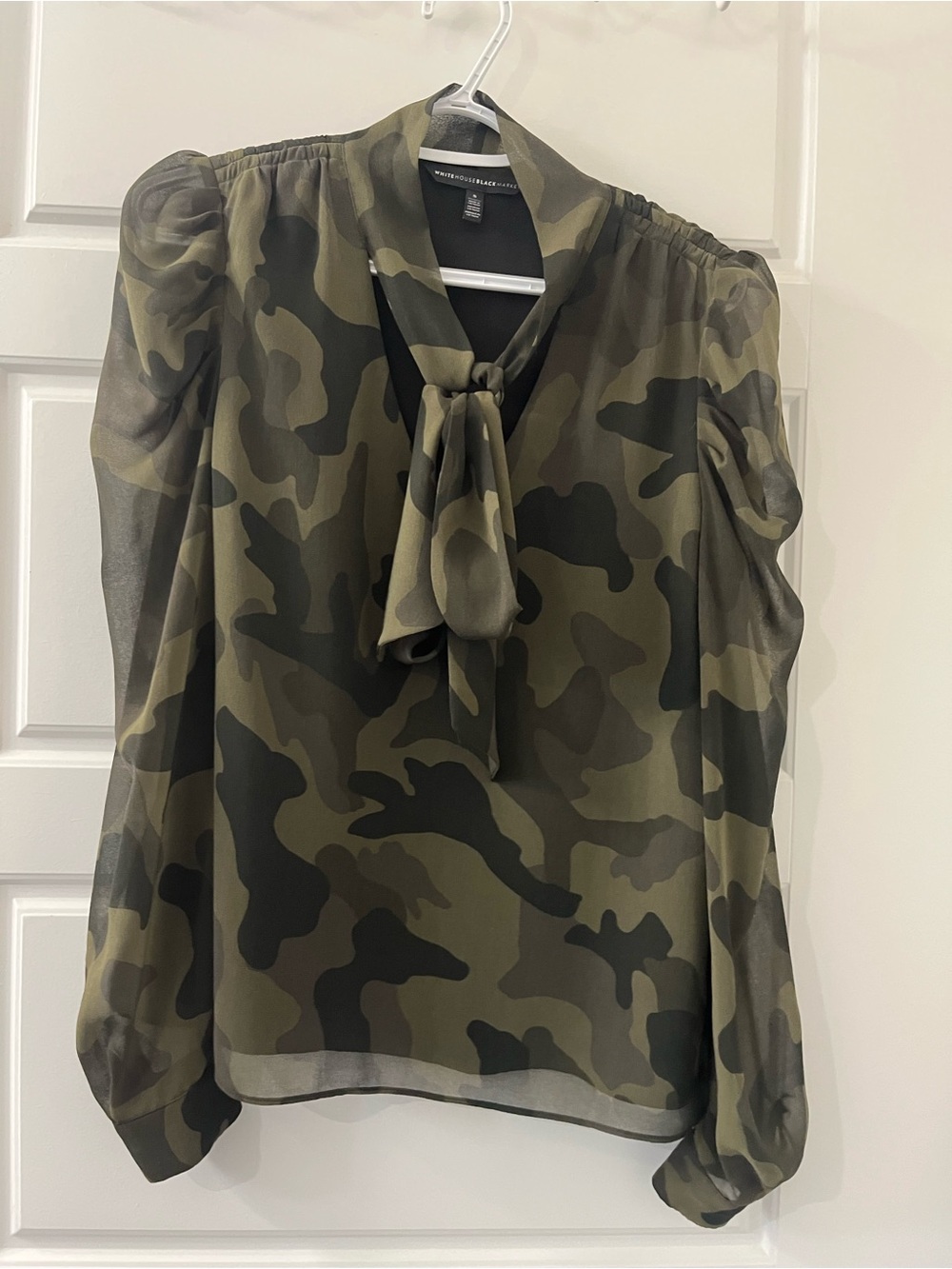 White House Black Market Olive Camo Tie-Neck Blouse